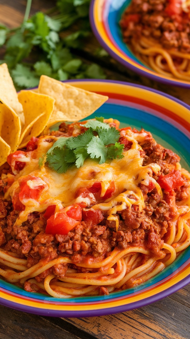 A vibrant plate of taco spaghetti with ground beef, diced tomatoes, and cheese, garnished with cilantro, served with tortilla chips.